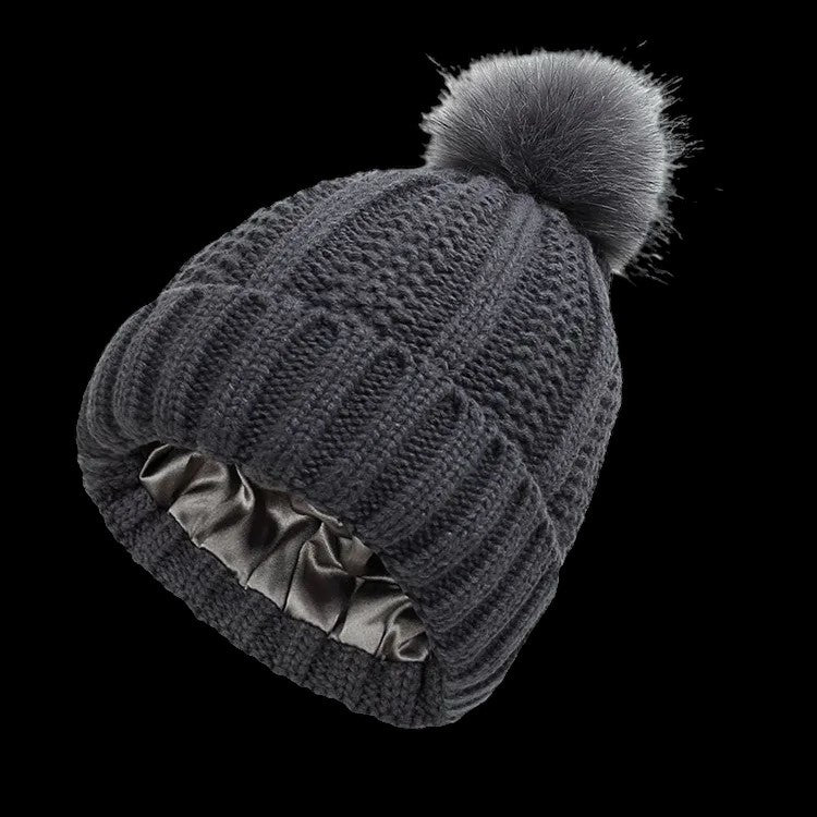 Satin Lined Knitted Beanie with Pom-Pom