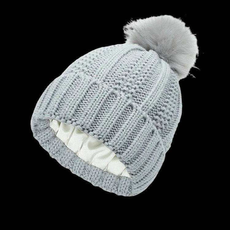 Satin Lined Knitted Beanie with Pom-Pom